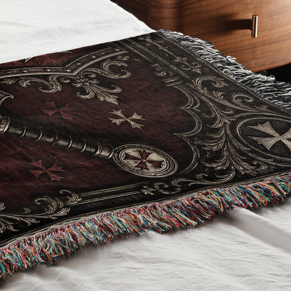 CalmNestStyle Medieval Blanket with Deus Vult Scroll – Crossed Swords Crusader Shields Woven Throw jacquard woven blanket
