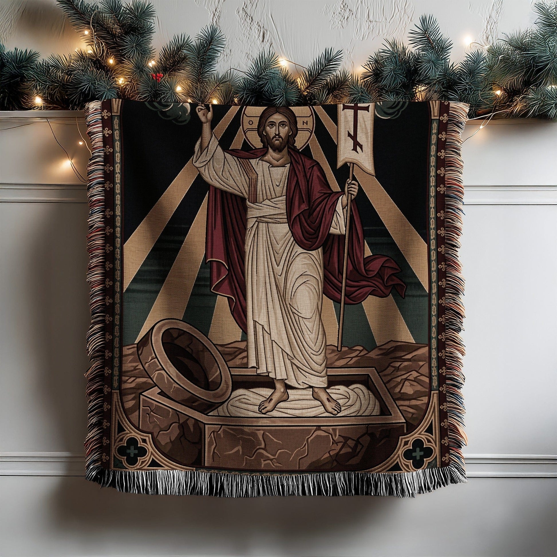 Religious Tapestry with Jesus Christ Resurrection Design