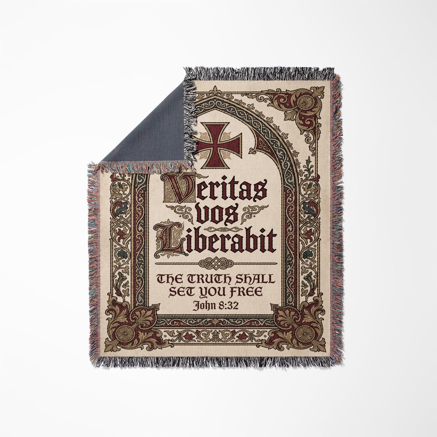Ornate throw blanket with "Veritas vos liberabit" and John 8:32.