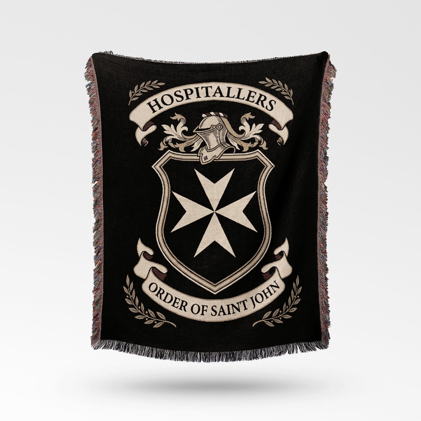 Black blanket featuring the Order of Saint John crest and text.
