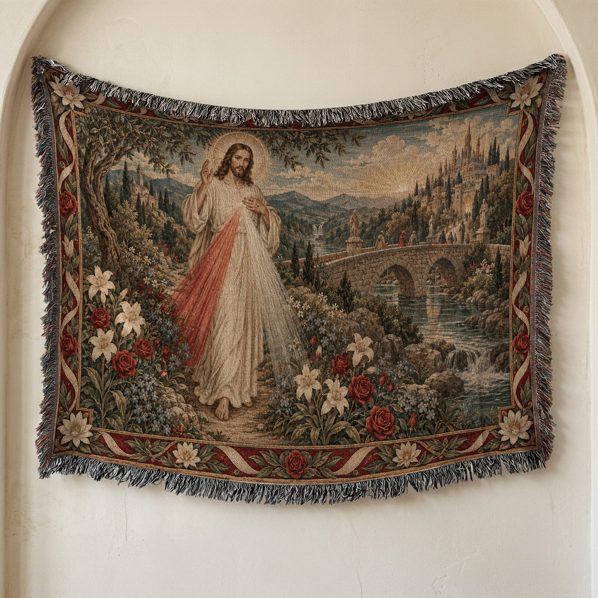 A woven tapestry depicting Jesus with glowing rays standing outdoors near a bridge and castle.