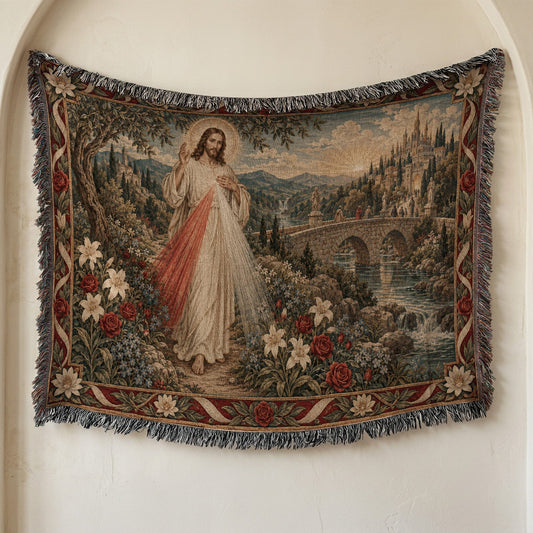 A woven tapestry depicting Jesus with glowing rays standing outdoors near a bridge and castle.