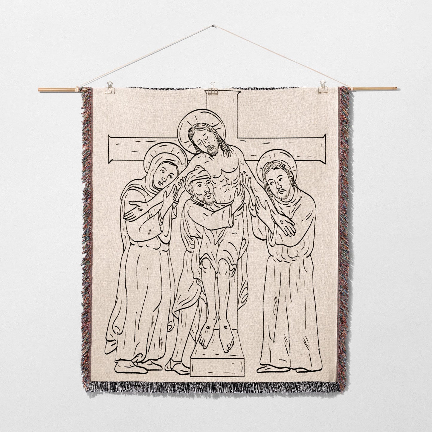 Tapestry depicting Jesus' descent from the cross with two figures supporting him.