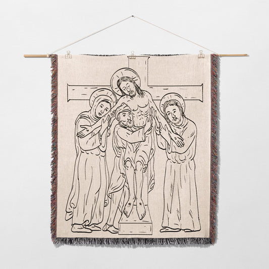 Tapestry depicting Jesus' descent from the cross with two figures supporting him.