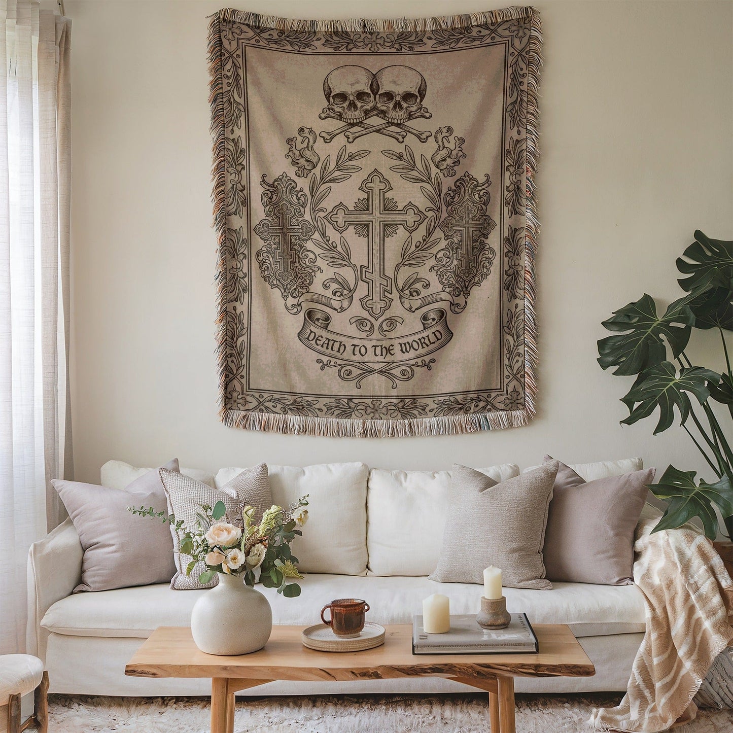 Gothic Cross and Skulls Design Tapestry for Home Decor