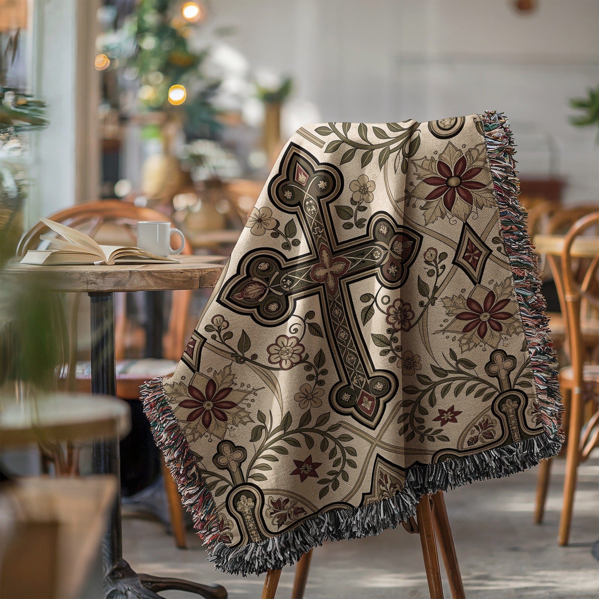 Elegant Floral and Cross Design Tapestry Blanket
