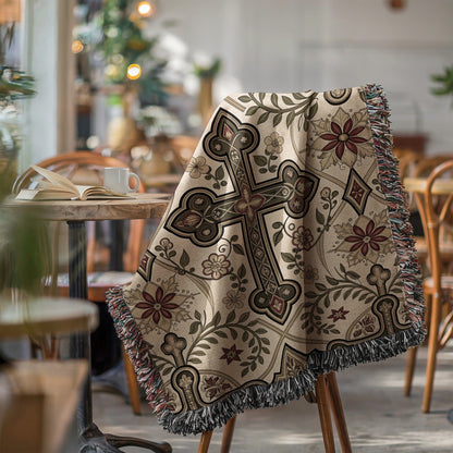 Elegant Floral and Cross Design Tapestry Blanket