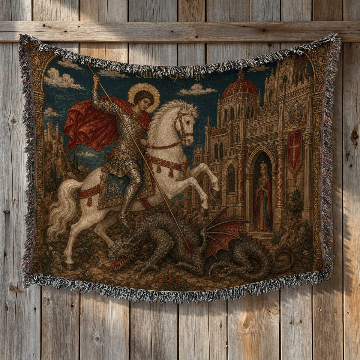 CalmNestStyle Saint George Icon at the Castle jacquard woven blanket