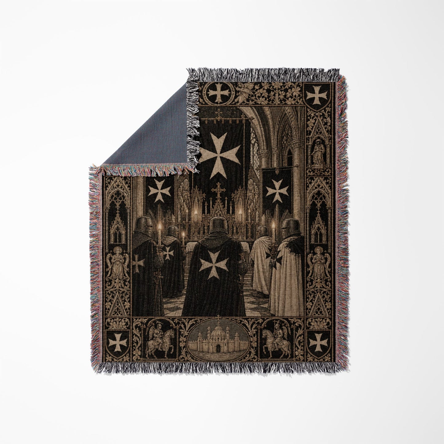Knights Templar with Maltese crosses in a cathedral on a woven blanket.