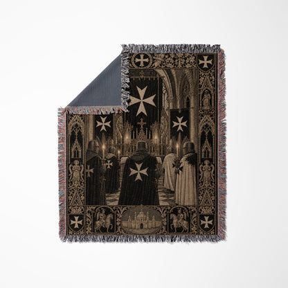 Knights Templar with Maltese crosses in a cathedral on a woven blanket.