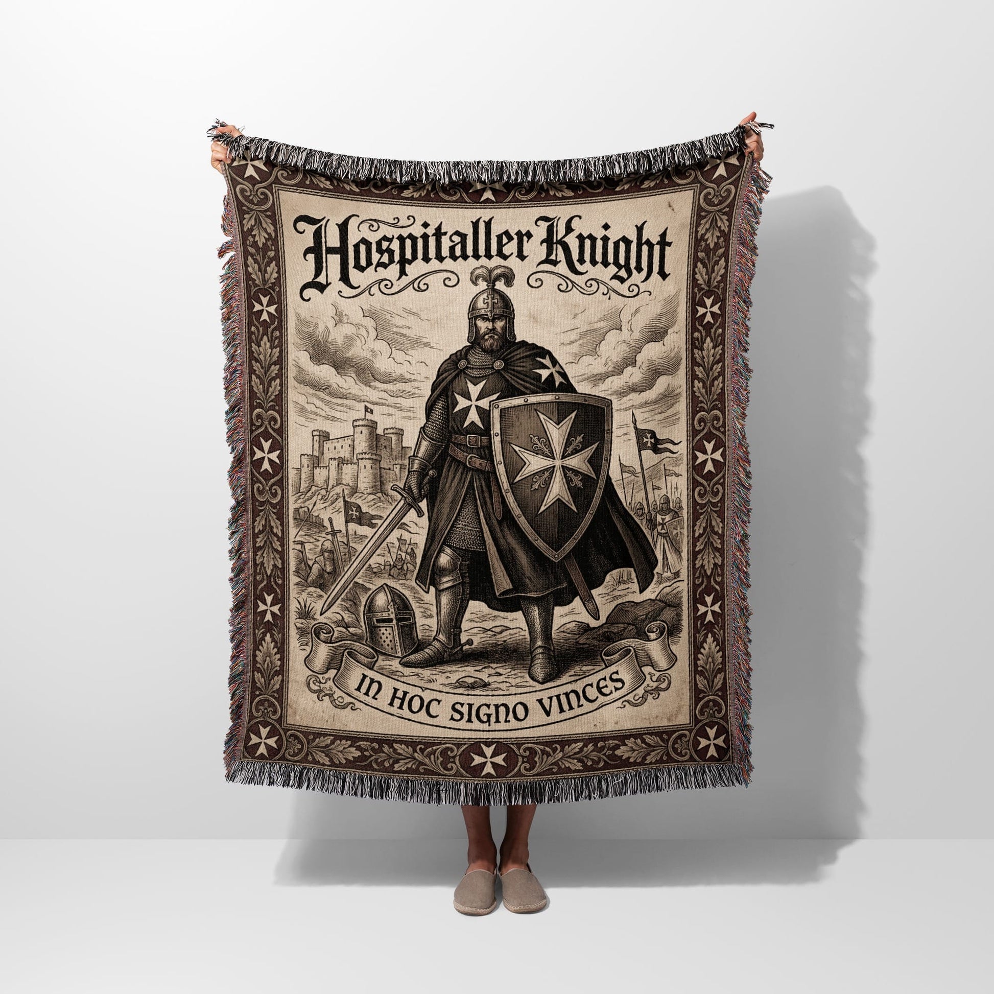 Tapestry with "Hospitaller Knight" and "In Hoc Signo Vinces" text, featuring knight and castle illustration.