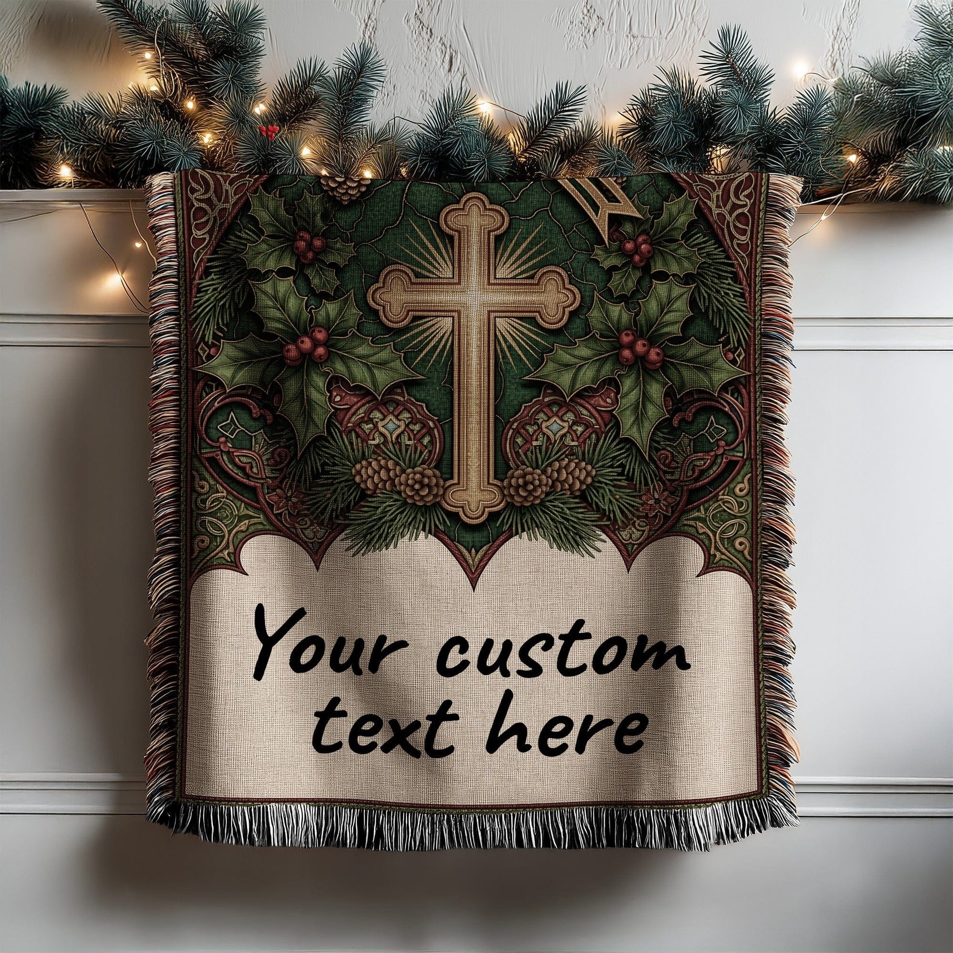 Personalized Festive Cross Tapestry with Custom Text