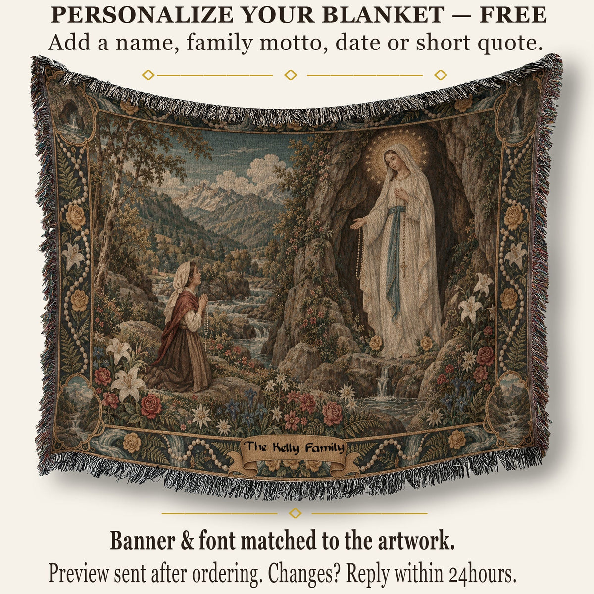 CalmNestStyle Our Lady of Lourdes at the Grotto jacquard woven blanket