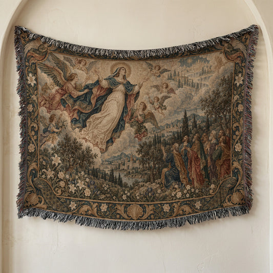 Woven tapestry hanging on a neutral wall, depicting the Assumption of Mary surrounded by angels and onlookers.