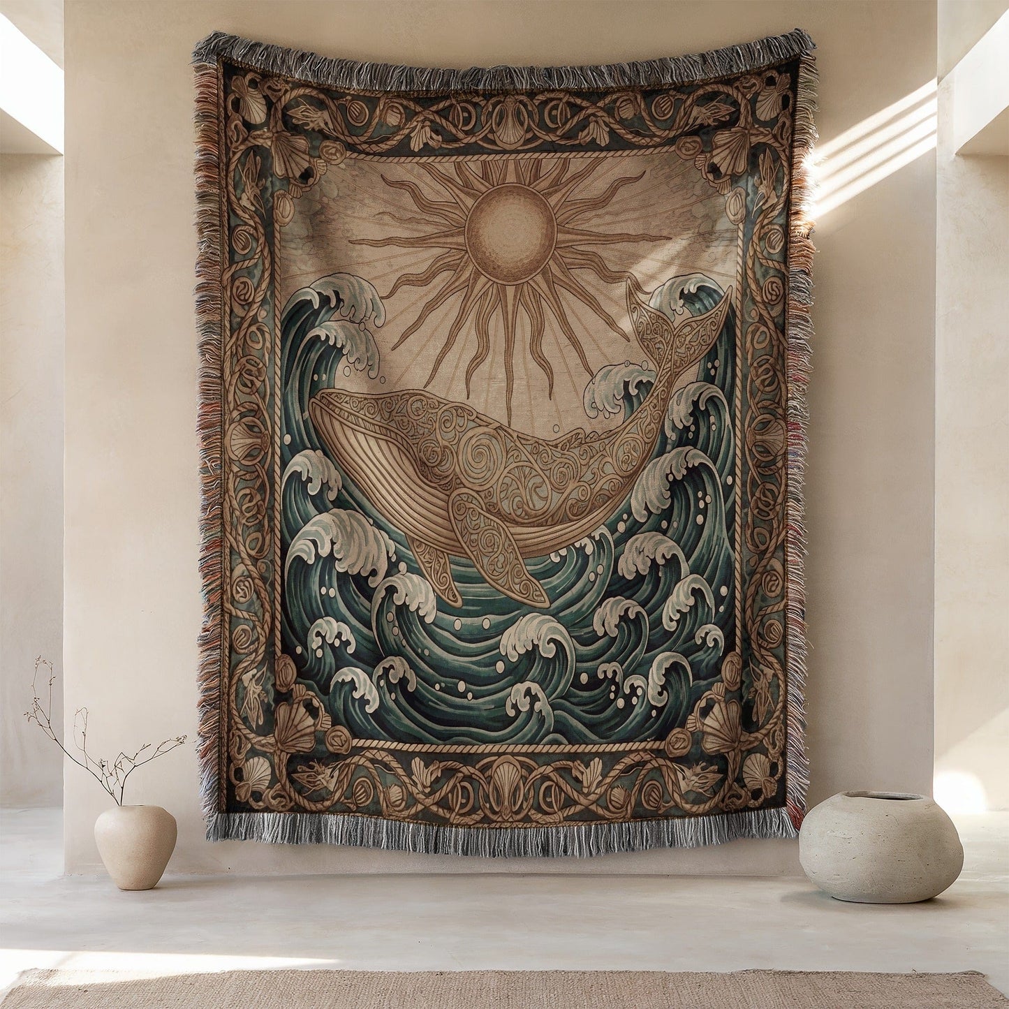 Majestic Whale Sun Waves Tapestry Art Decor