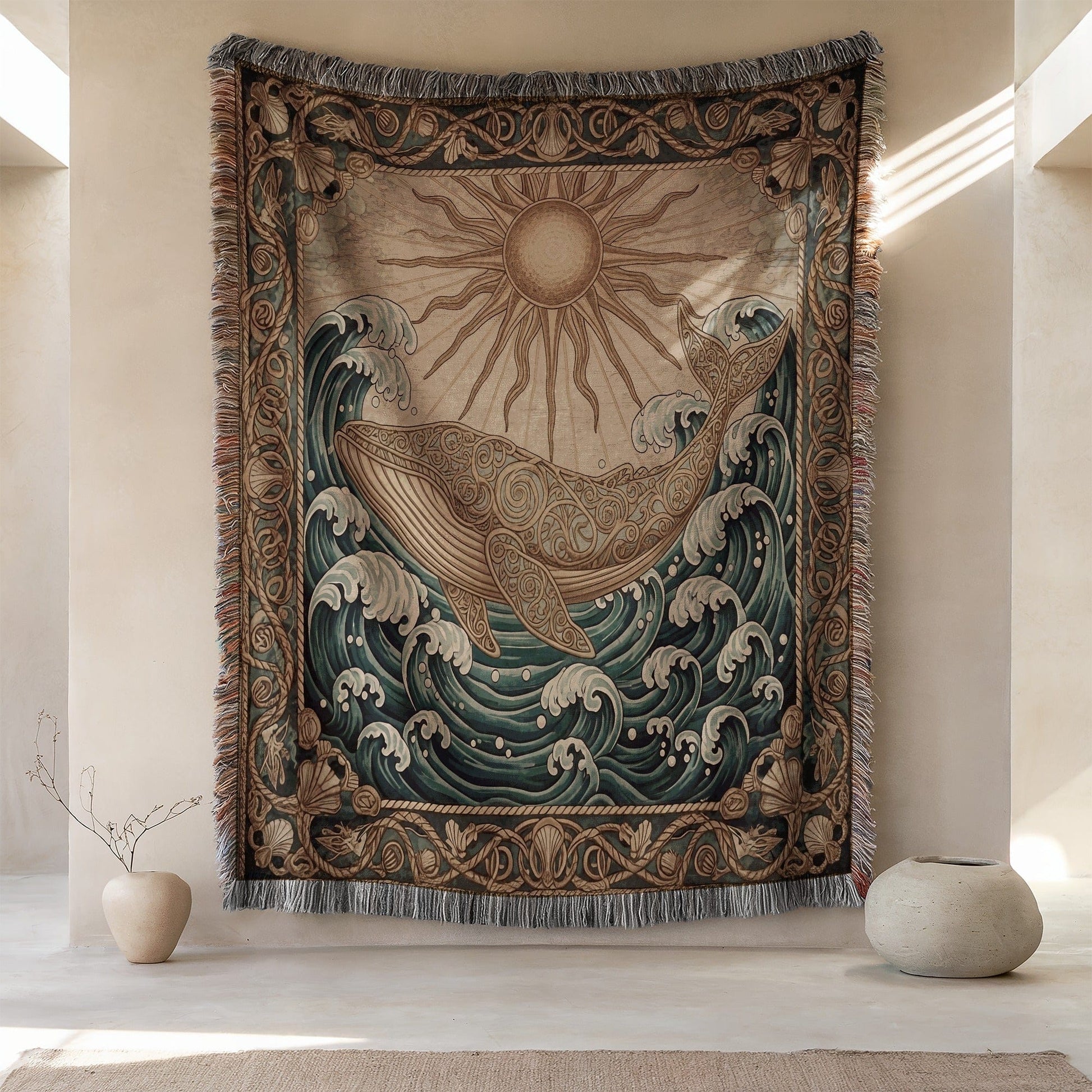 Majestic Whale Sun Waves Tapestry Art Decor