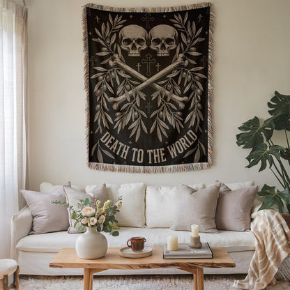 Death to the World Skull and Crossbones Wall Tapestry