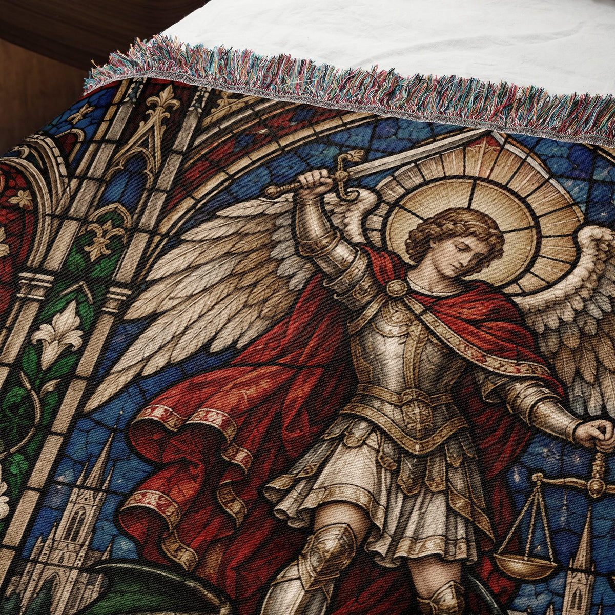CalmNestStyle Saint Michael Stained Glass Prayer jacquard woven blanket