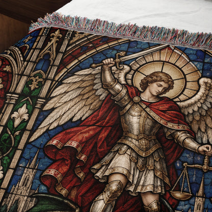 CalmNestStyle Saint Michael Stained Glass Prayer jacquard woven blanket