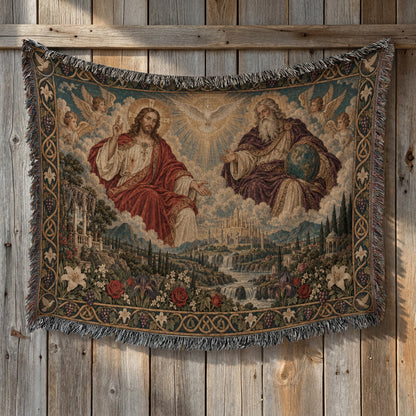 Woven tapestry featuring Jesus and God the Father over a landscape, hanging against a wooden wall.
