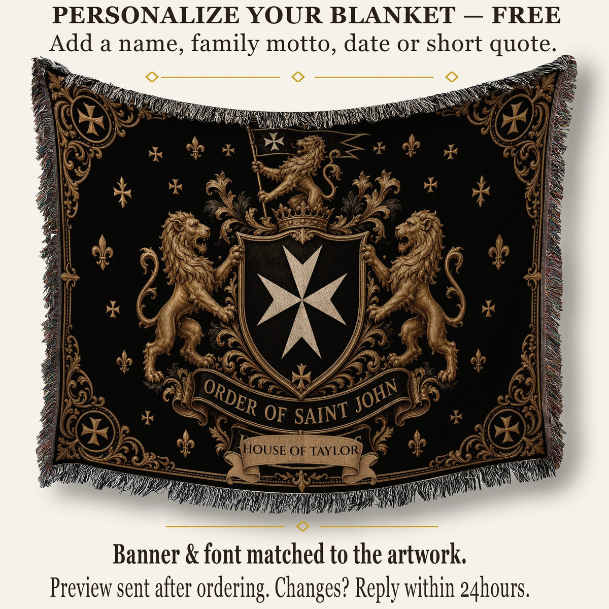CalmNestStyle Order of Saint John Hospitallers Black and Gold Crest Woven Blanket jacquard woven blanket