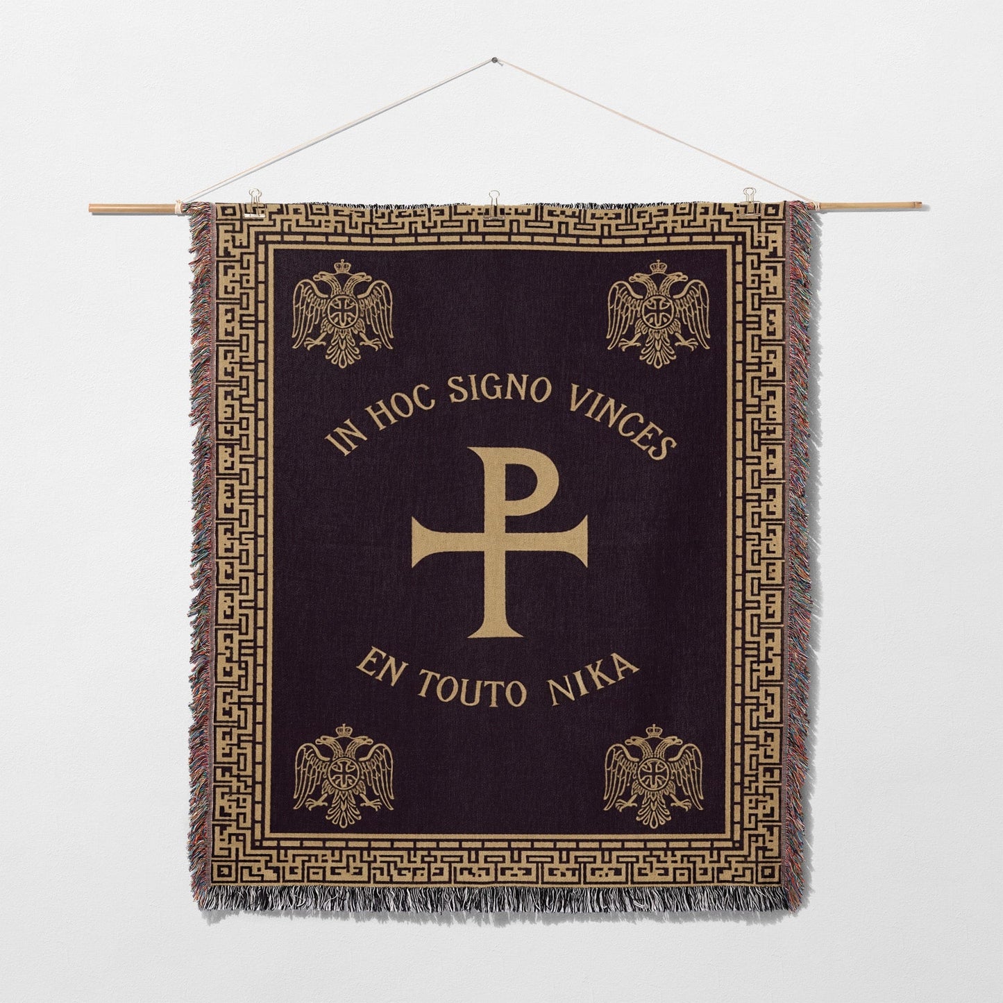 Tapestry with gold cross and eagles, reading "In Hoc Signo Vincis" and "En Touto Nika".