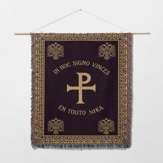 Tapestry with gold cross and eagles, reading "In Hoc Signo Vincis" and "En Touto Nika".