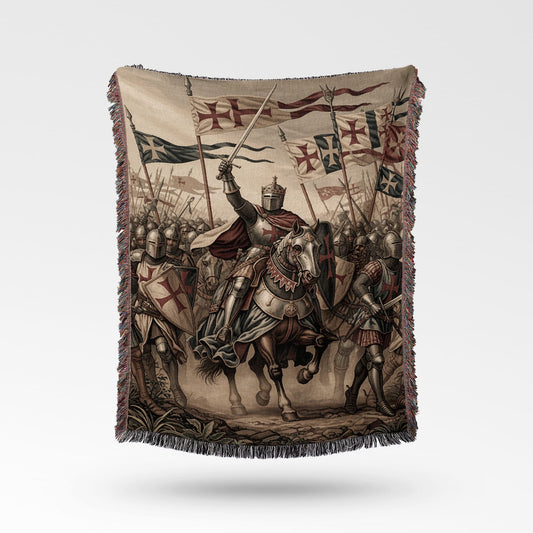 Knights in armor with templar crosses on shields and flags on horseback.