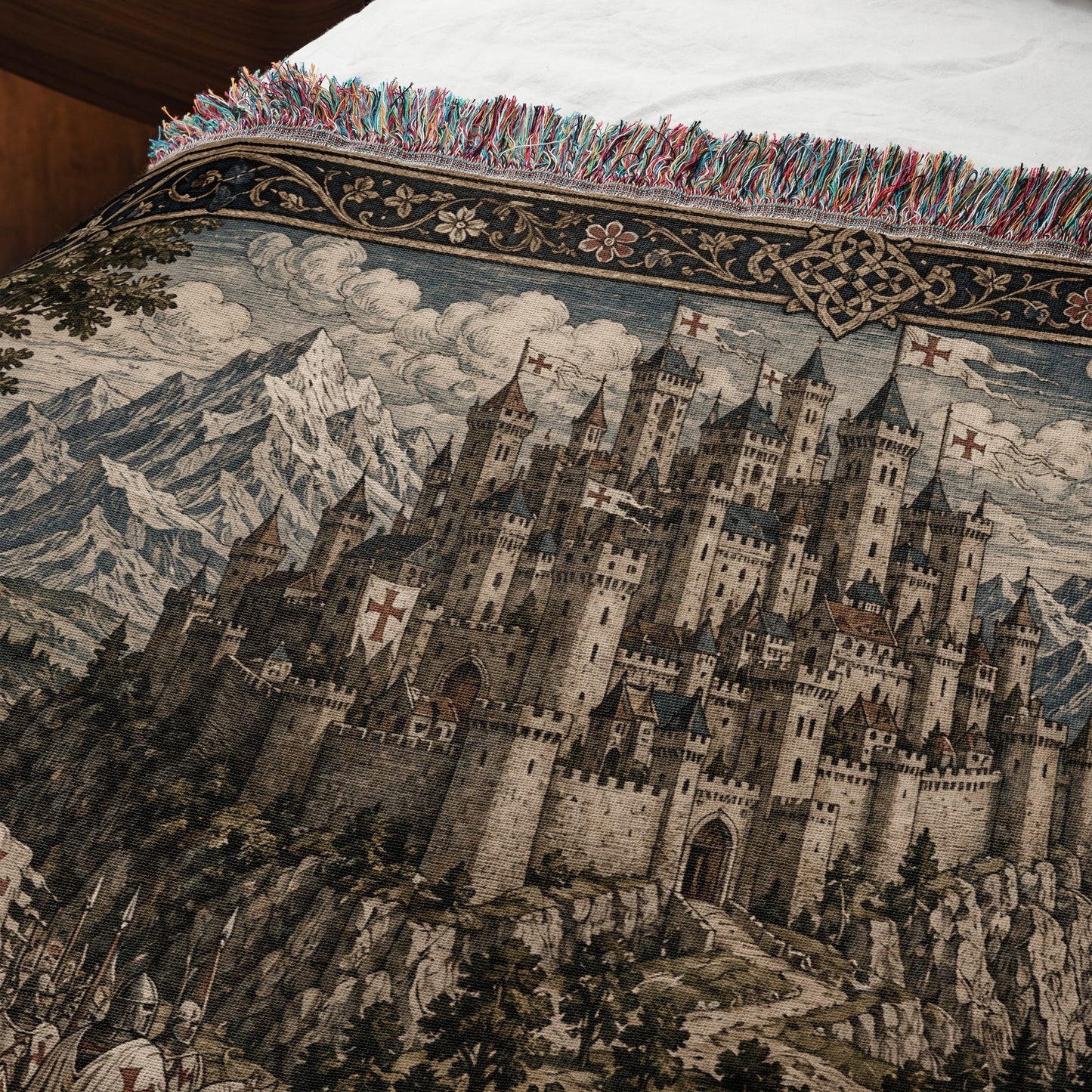 MyDesigns Castle Tapestry Blanket – Medieval Mountain Castle Woven Throw, Templar Banners jacquard woven blanket