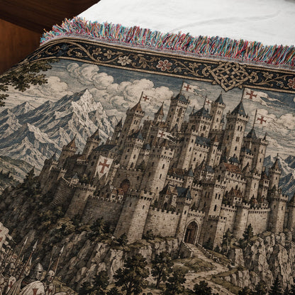 MyDesigns Castle Tapestry Blanket – Medieval Mountain Castle Woven Throw, Templar Banners jacquard woven blanket