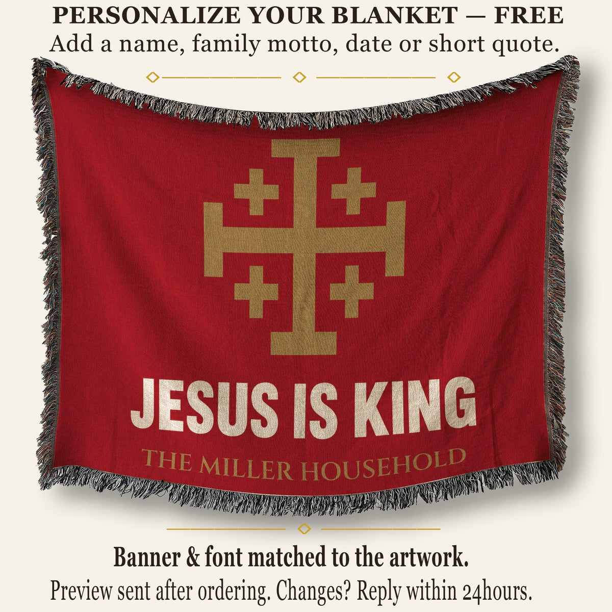 CalmNestStyle Jesus Is King Jerusalem Cross Woven Blanket jacquard woven blanket