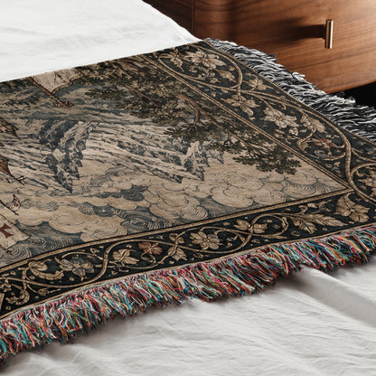MyDesigns Medieval Castle Tapestry Woven Blanket – Templar Banners Mountain Fortress, Golden jacquard woven blanket