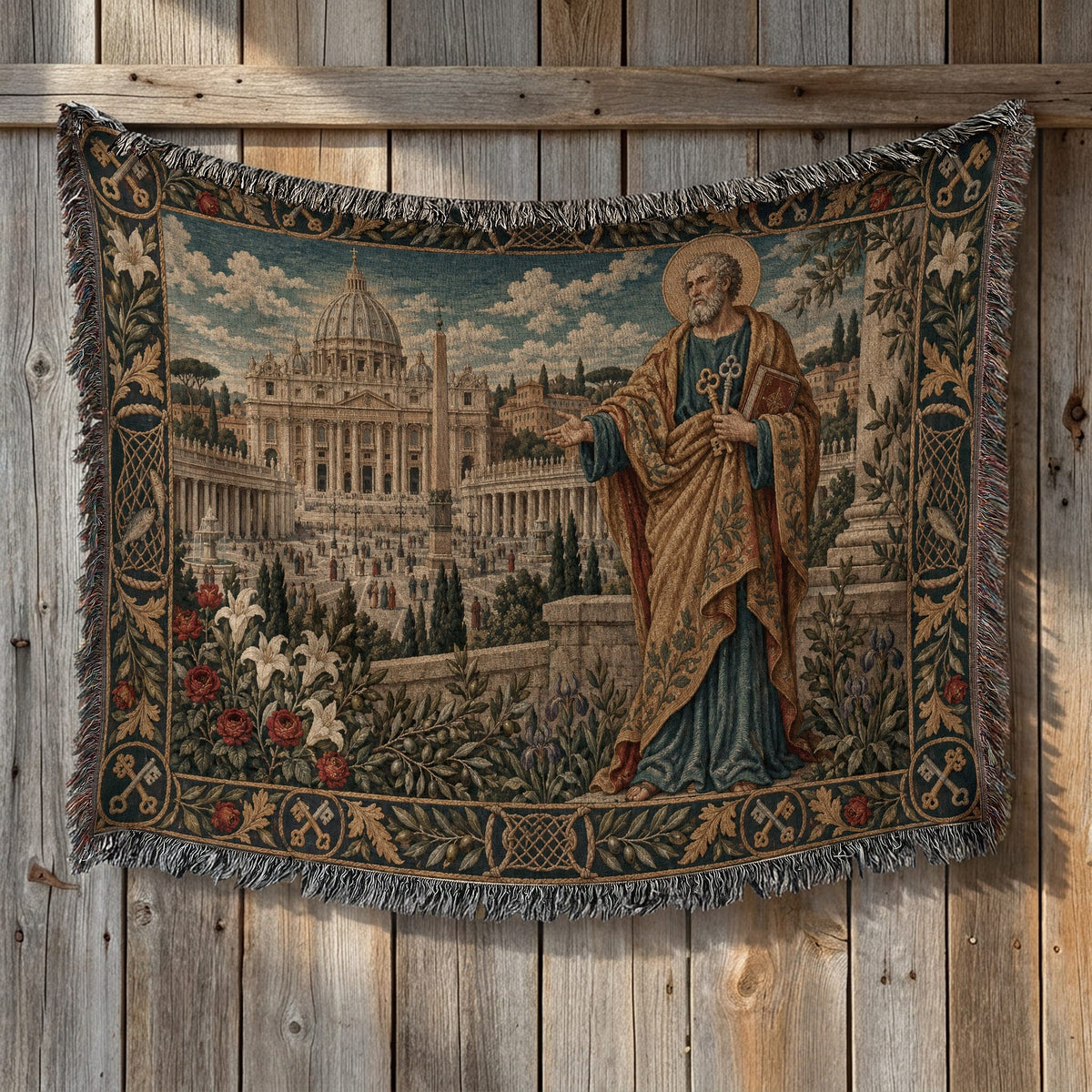 A woven tapestry featuring Saint Peter holding keys with St. Peter's Basilica in the background.