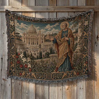 A woven tapestry featuring Saint Peter holding keys with St. Peter's Basilica in the background.