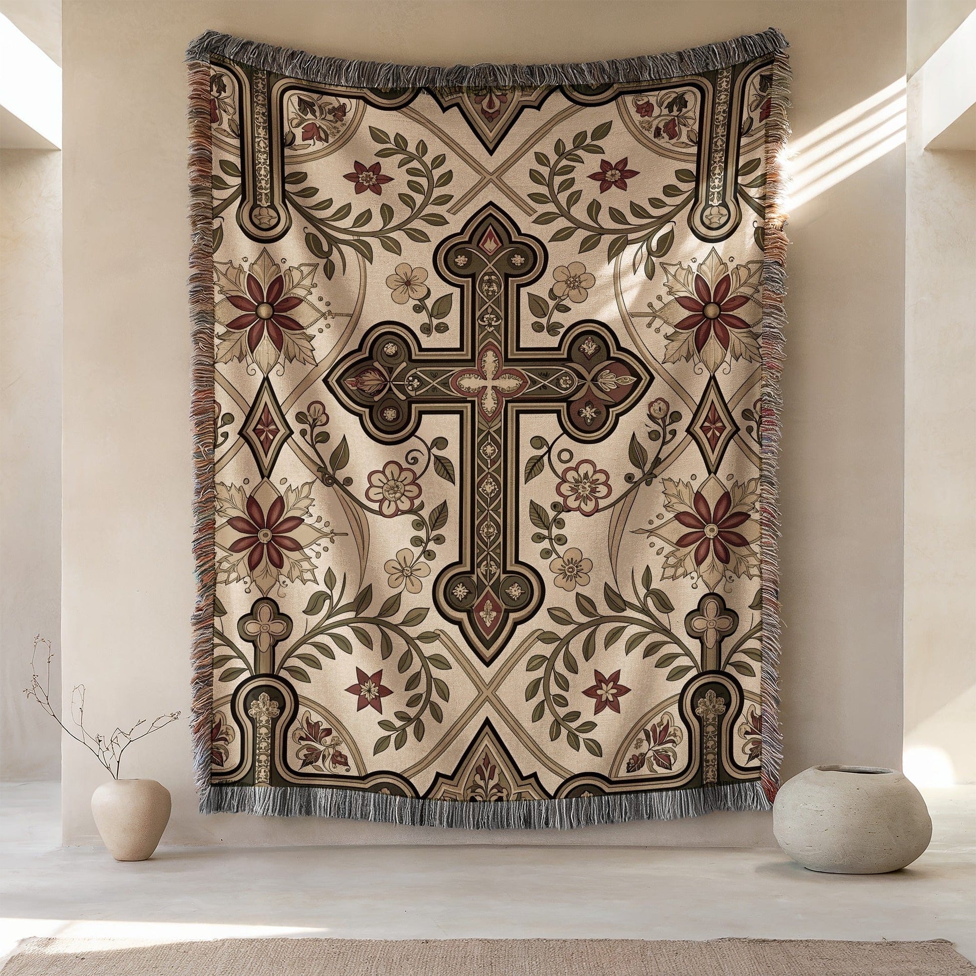 Intricately Designed Floral Cross Tapestry Wall Art