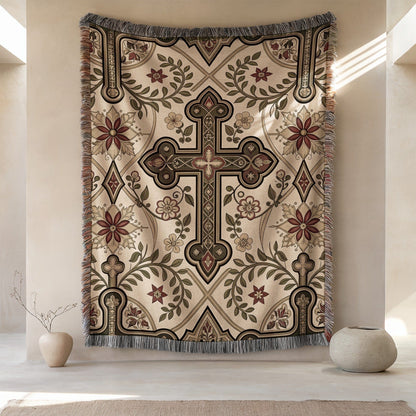 Intricately Designed Floral Cross Tapestry Wall Art