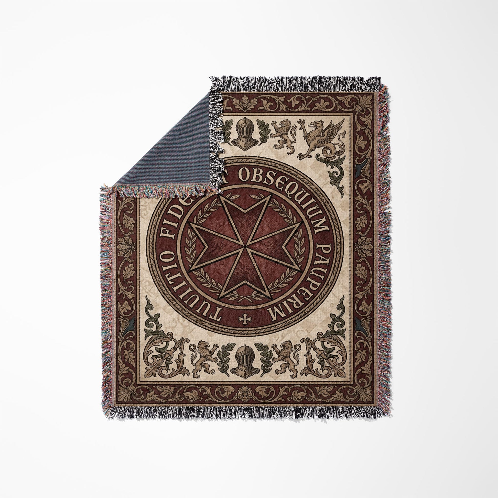 Fringed circular throw blanket with Maltese cross, lions, and Latin inscription.