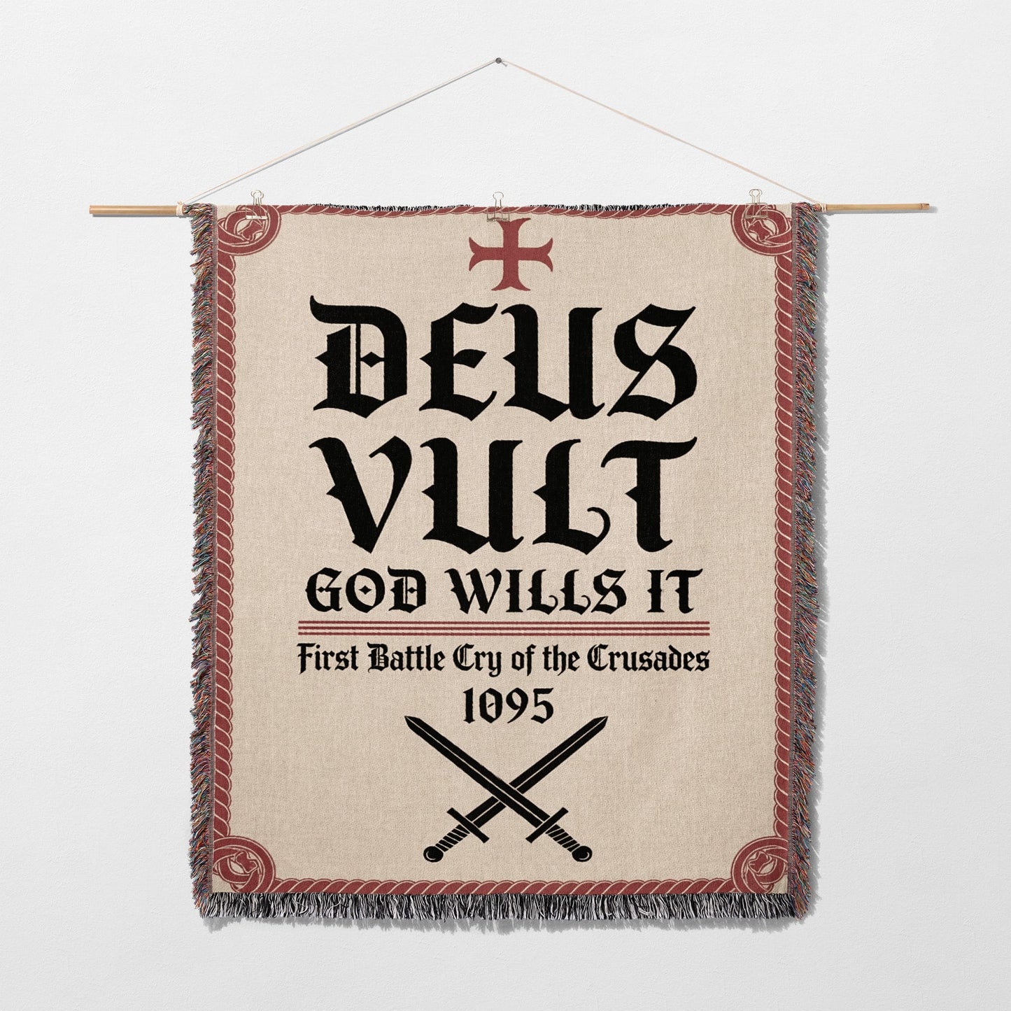 Tapestry with "Deus Vult God Wills It 1095" and crossed swords.