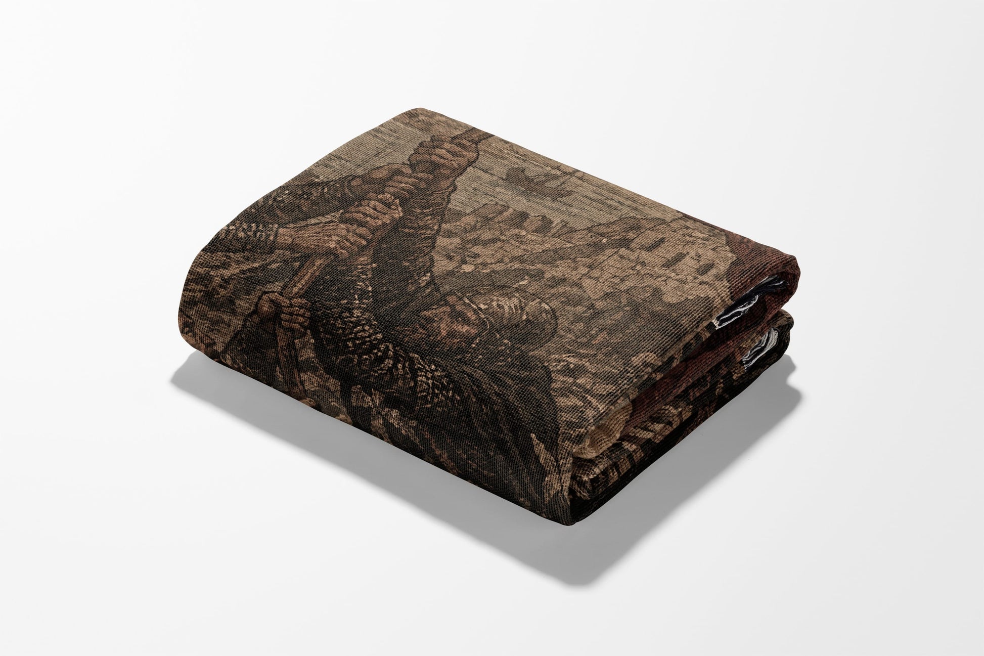Folded textile with a distressed historical scene of people fighting.