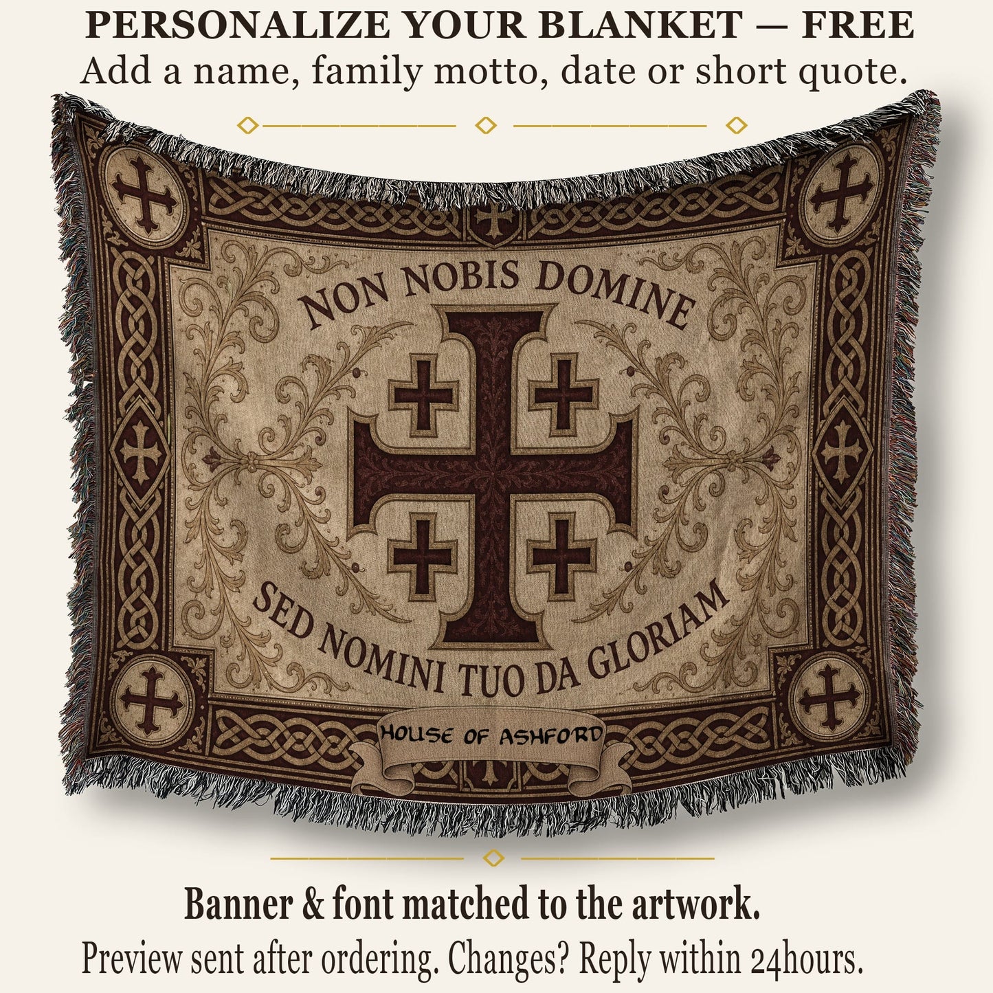 MyDesigns Medieval Tapestry Blanket – Non Nobis Domine Jerusalem Cross Woven Throw, Parchment Gold jacquard woven blanket