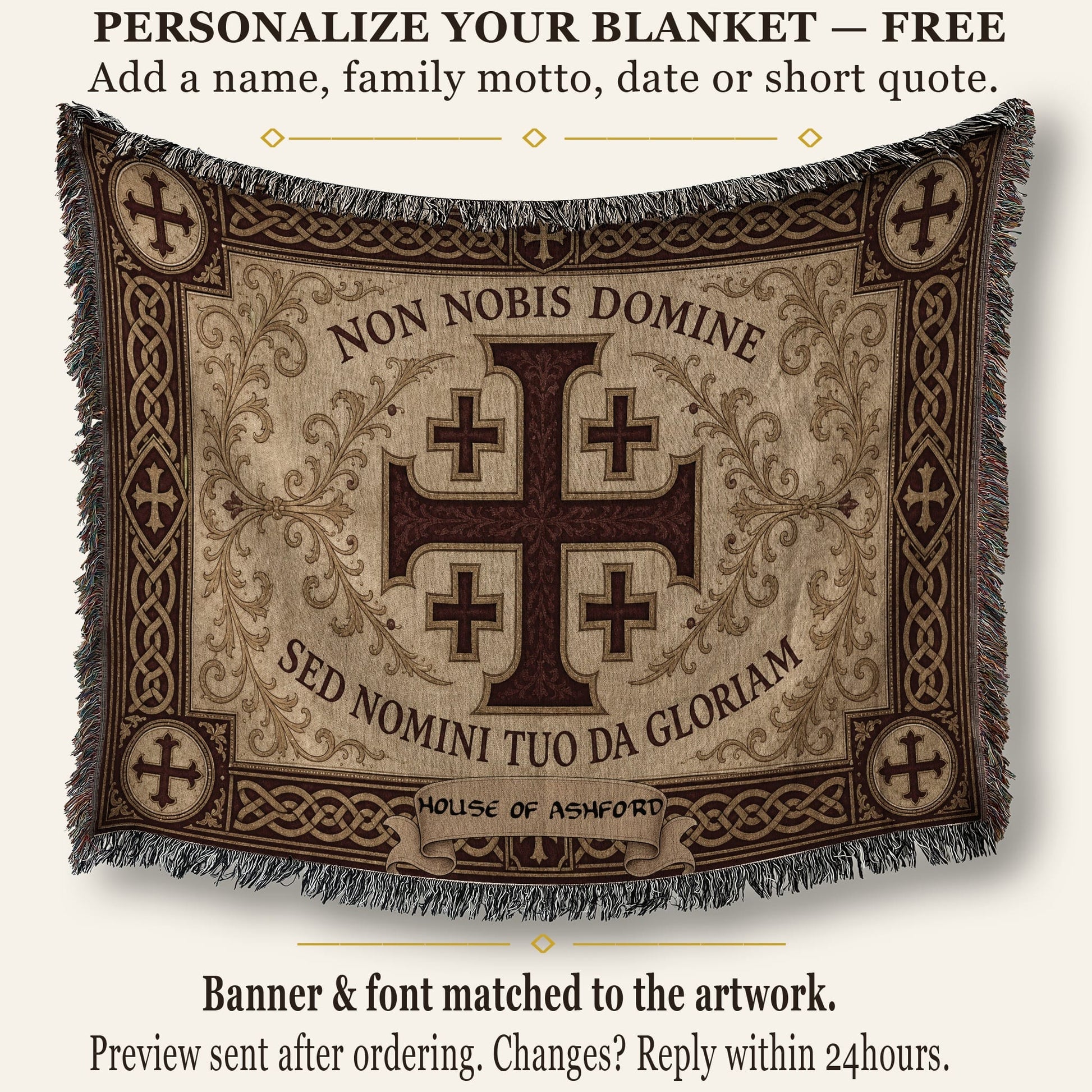MyDesigns Medieval Tapestry Blanket – Non Nobis Domine Jerusalem Cross Woven Throw, Parchment Gold jacquard woven blanket