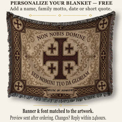 MyDesigns Medieval Tapestry Blanket – Non Nobis Domine Jerusalem Cross Woven Throw, Parchment Gold jacquard woven blanket