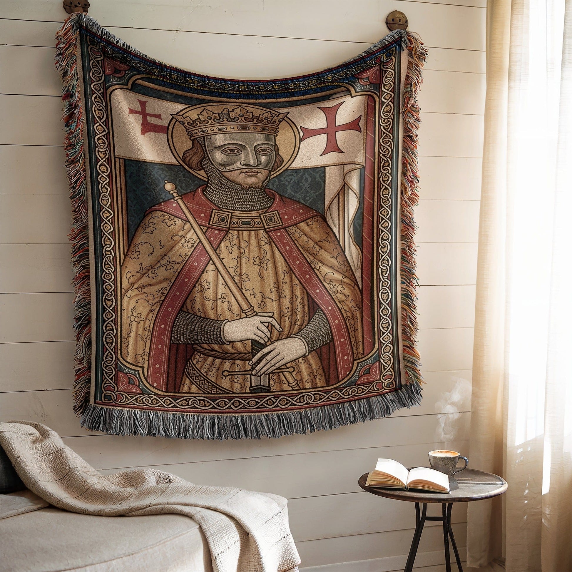 Medieval Tapestry with Regal King and Fringe Edges