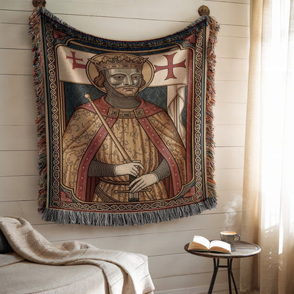 Medieval Tapestry with Regal King and Fringe Edges