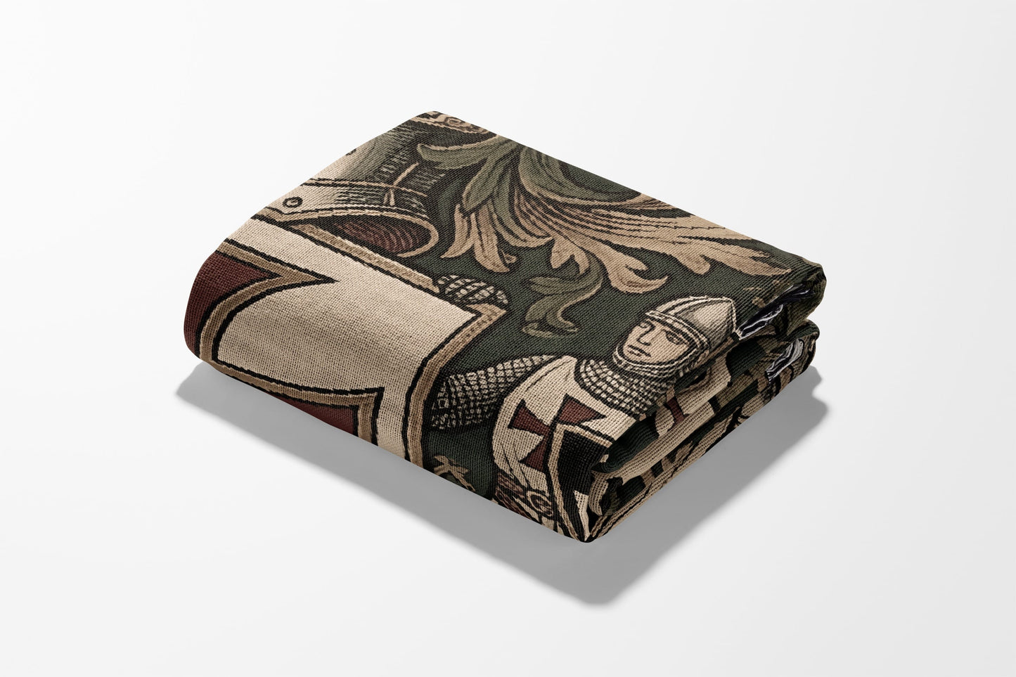 Tapestry throw featuring a knight in armor with a shield and ornate floral patterns.