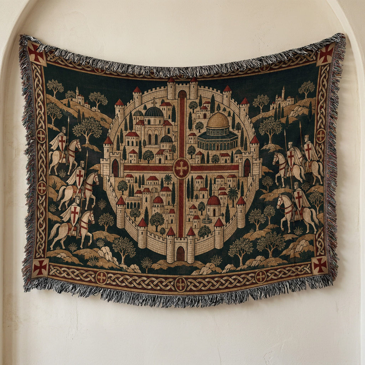 CalmNestStyle Crusader Jerusalem Round Map I Green Hills jacquard woven blanket