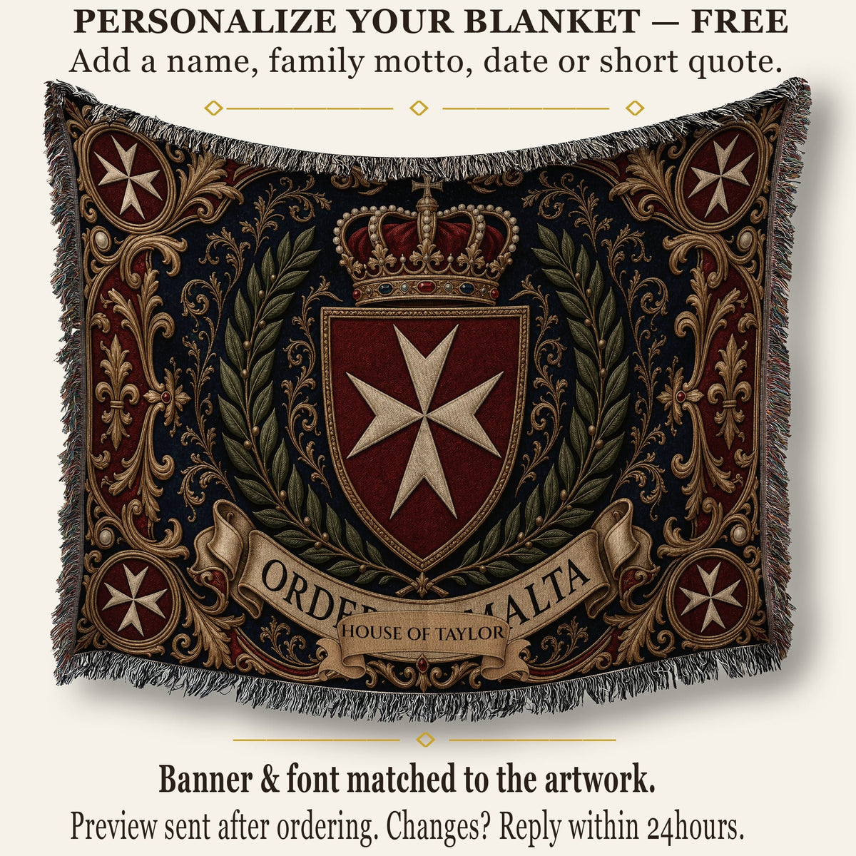 CalmNestStyle Order of Malta Crowned Crest Navy Laurel Woven Blanket jacquard woven blanket