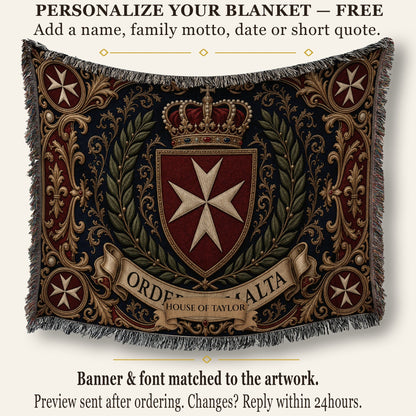 CalmNestStyle Order of Malta Crowned Crest Navy Laurel Woven Blanket jacquard woven blanket