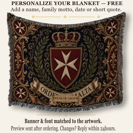 CalmNestStyle Order of Malta Crowned Crest Navy Laurel Woven Blanket jacquard woven blanket