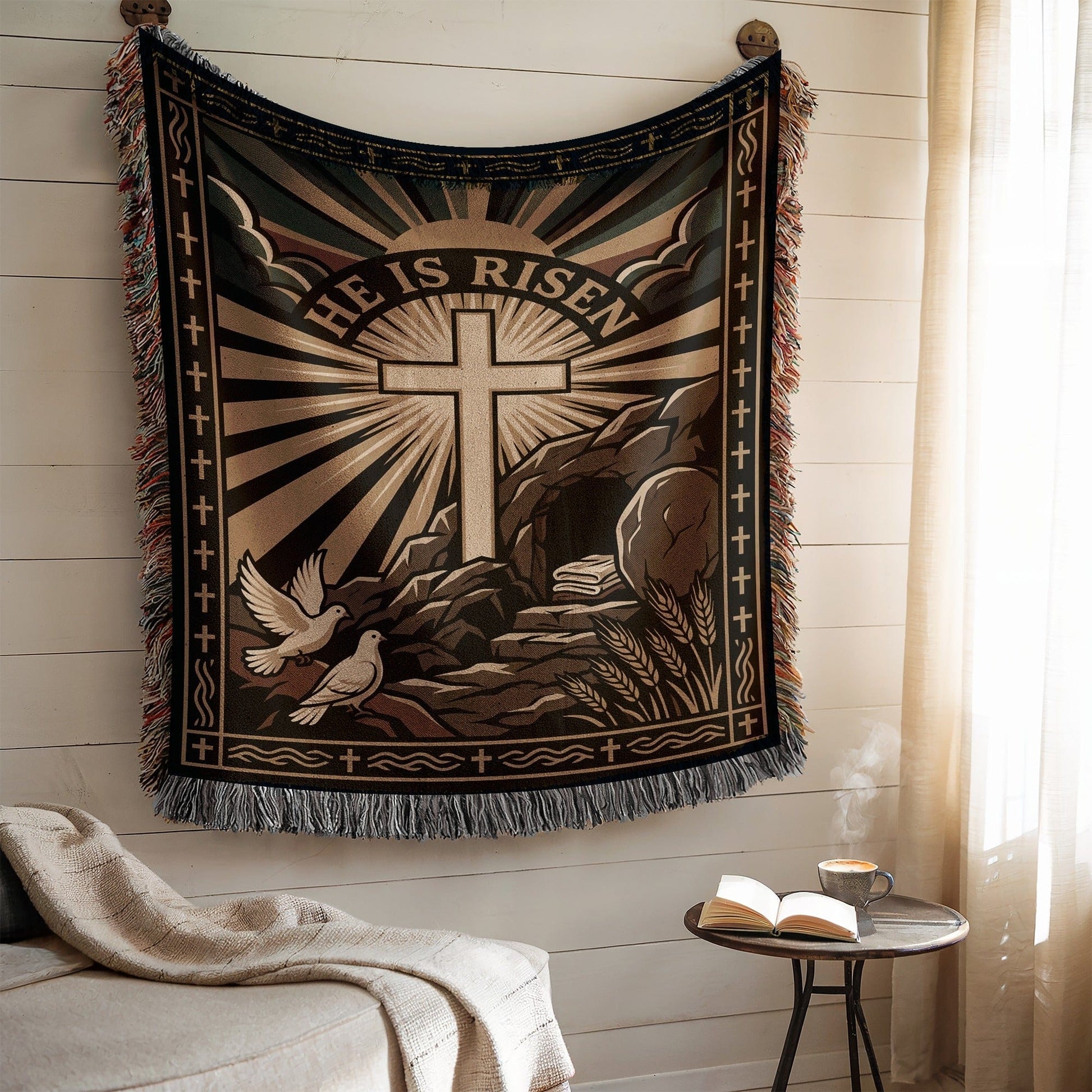 He Is Risen Tapestry with Cross and Doves Blanket